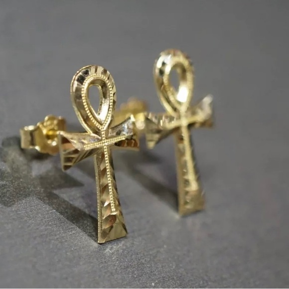 10K Solid Yellow Gold 0.75" Diamond Cut Egyptian Ankh Cross Stud Earrings - Picture 2 of 6